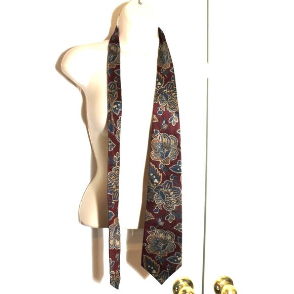 Oscar de la Renta Vtg Maroon & Blue Floral Silk Tie - Picture 1 of 5